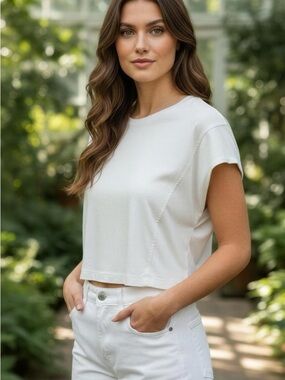 Anthropologie Cream Boxy Short Sleeve Crop Top Size S